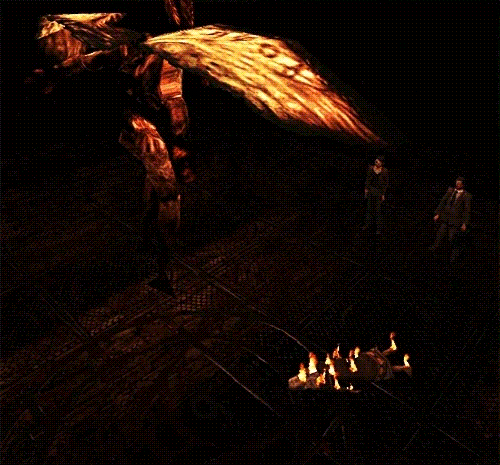 The demon Samael flies overhead while Dahlia Gillespie burns to a crisp