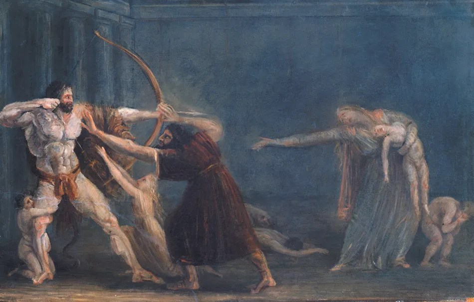 Classical painting of Hercules shooting at his wife and children with a bow and arrow while a man tries to stop him