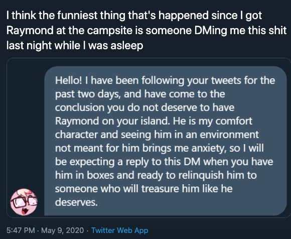 Screenshot of Twitter DM. Message sender is demanding that Raymond be relinquished to them. Search "Raymond copypasta" for more info
