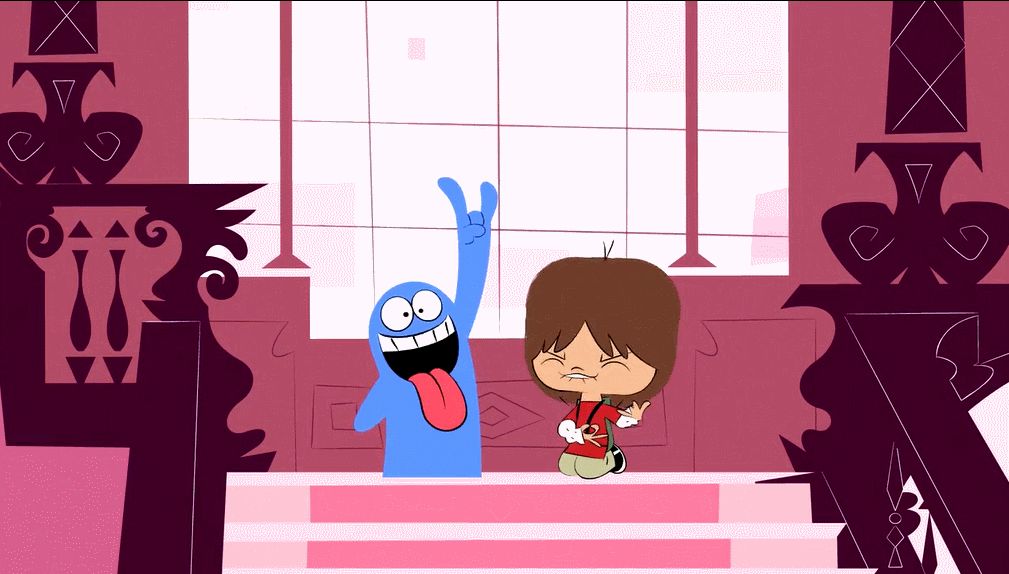 An animated scene featuring a blue imaginary friend, Bloo, with a big smile and his tongue out, making a rock gesture, alongside an 8-year-old boy named Mac, playing an air guitar, set in a colorful interior that resembles a whimsical mansion.