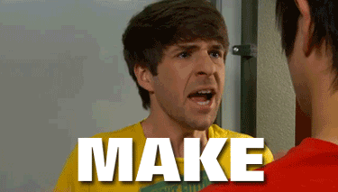 A frustrated young man in a yellow shirt yells, "MAKE UP YOUR GOD DAMN MIND!" to his red-shirted friend.