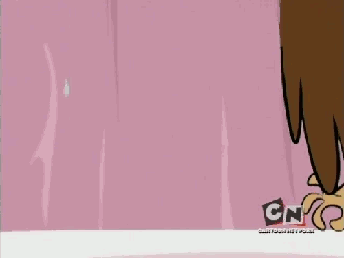 A scene from Foster's Home for Imaginary Friends, showing Bloo and several kids surprising Mac while he is taking a shower.