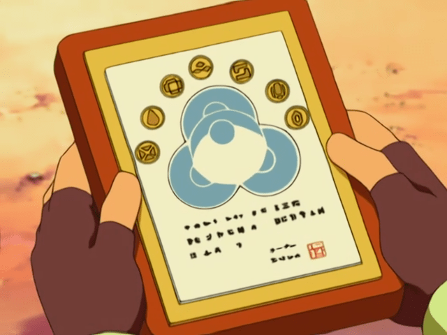 Ash holds a plaque featuring seven gold Frontier symbols.