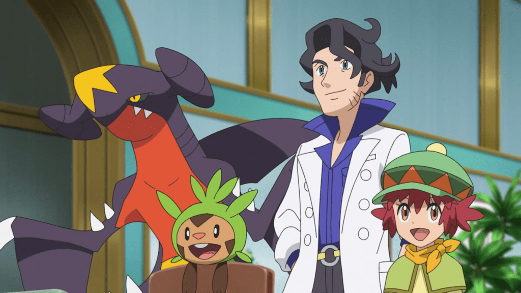Professor Sycamore, Mairin, a Chespin, and a Garchomp all 