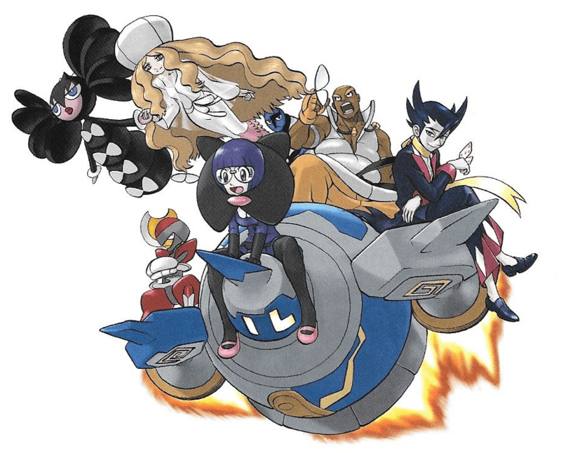 Members of the Unova Elite Four from the Pokémon series standing and sitting on a Golurk.