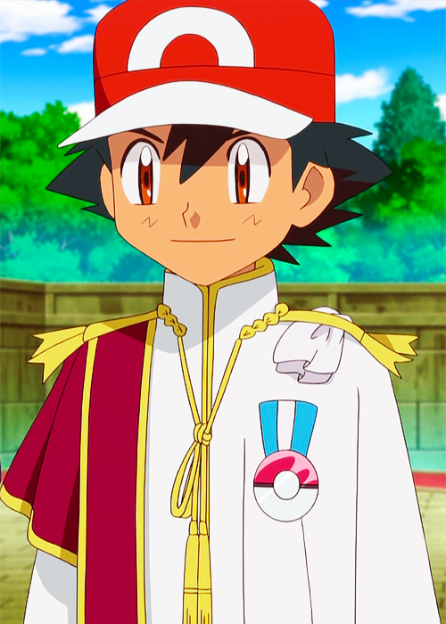 Ash wearing a ceremonial outfit, standing with a confident smile in a Pokémon battle arena.