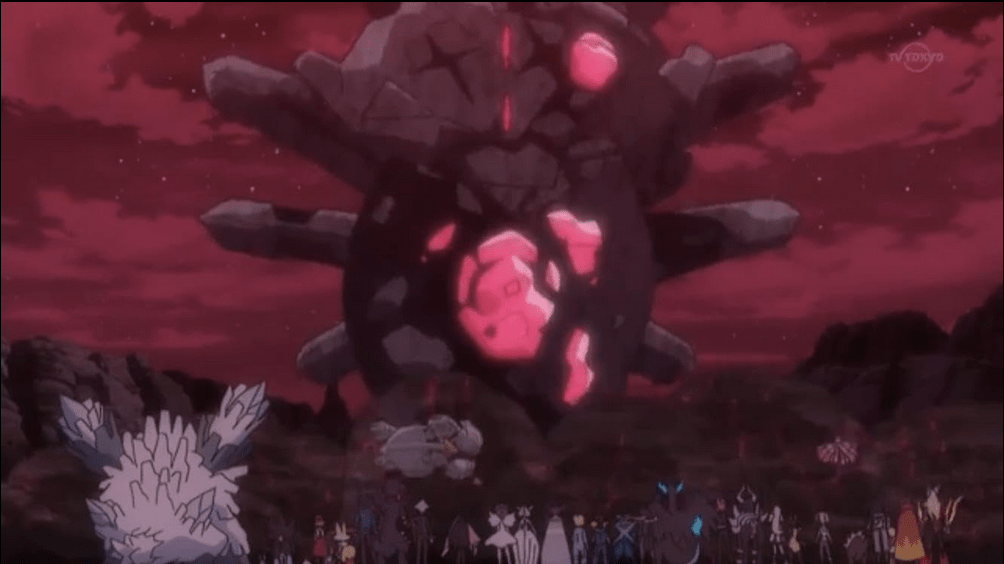 A massive, menacing stone structure with a glowing core stands against a dark sky, surrounded by various Pokémon and trainers in a dramatic landscape.