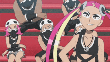 Animated scene featuring Team Skull Grunts in a stadium, with second-in-command Plumeria at the front.