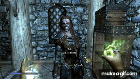A GIF of two Skyrim characters, Aela the Huntress and Tilma the Haggard, being struck with paralysis spells, and falling to the floor, in standing and sitting poses