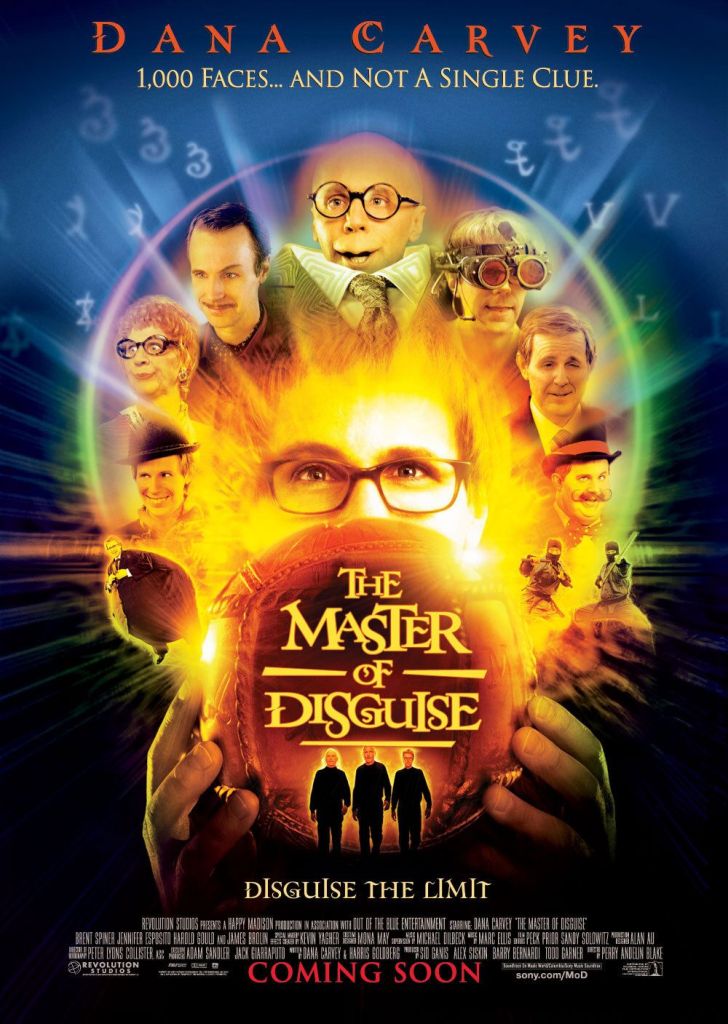 Movie poster for 'The Master of Disguise' featuring Dana Carvey and various characters he portrays, with a colorful background and the tagline 'Disguise the Limit.'