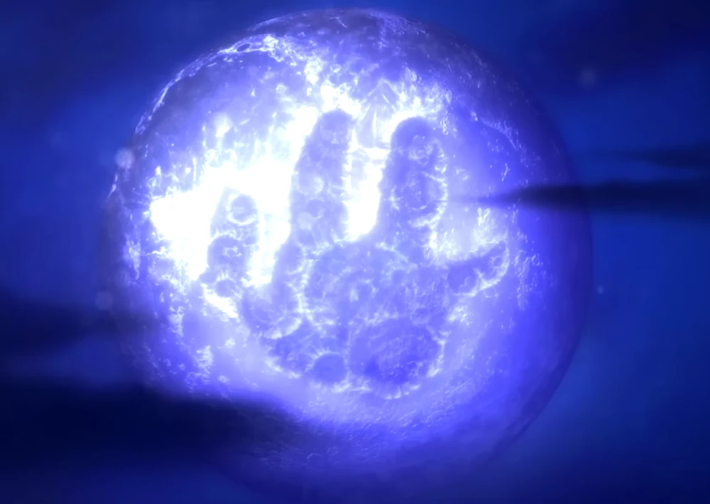 Screenshot from Abe's Oddysee. A full moon is shown, with a mark shaped like a Mudokon hand on the surface