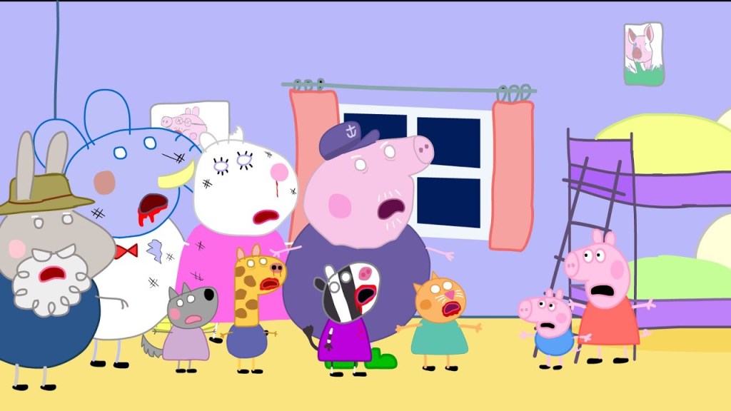A scene from a Peppa Pig horror parody. Peppa and George stand scared in a bedroom, before a horde of their undead friends and neighbors