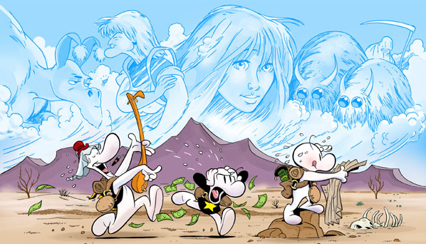 Illustration from Jeff Smith's "Bone." The three Bone cousins (Fone, Phoney, and Smiley), all cartoon-y bone-white humanoids, wander through the desert. In the sky is an image of other characters in the series, such as the Red Dragon, Grandma Ben, Thorn, a pair of rat monsters, and the Hooded One.