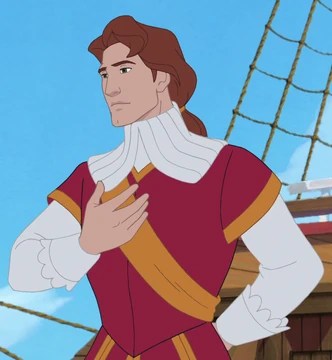 Image of John Rolfe from Disney's Pocahontas 2. He is a handsome, brown haired Caucasian man with a chiseled, clean-shaven face. He is wearing a red and gold tunic over a white dress shirt.