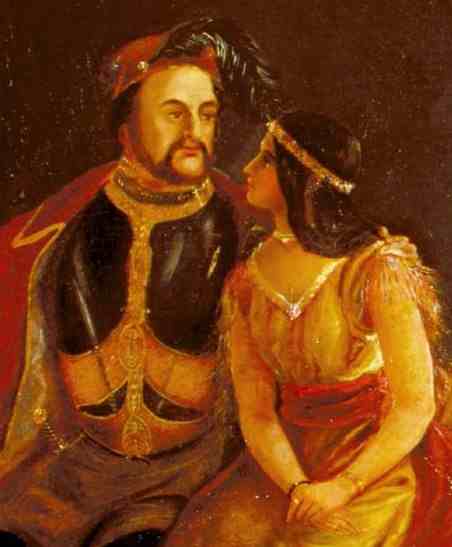 Painting of John Rolfe and Matoaka sitting together. Rolfe's arm is around Matoaka's shoulder, and they are both looking into each other's eyes.