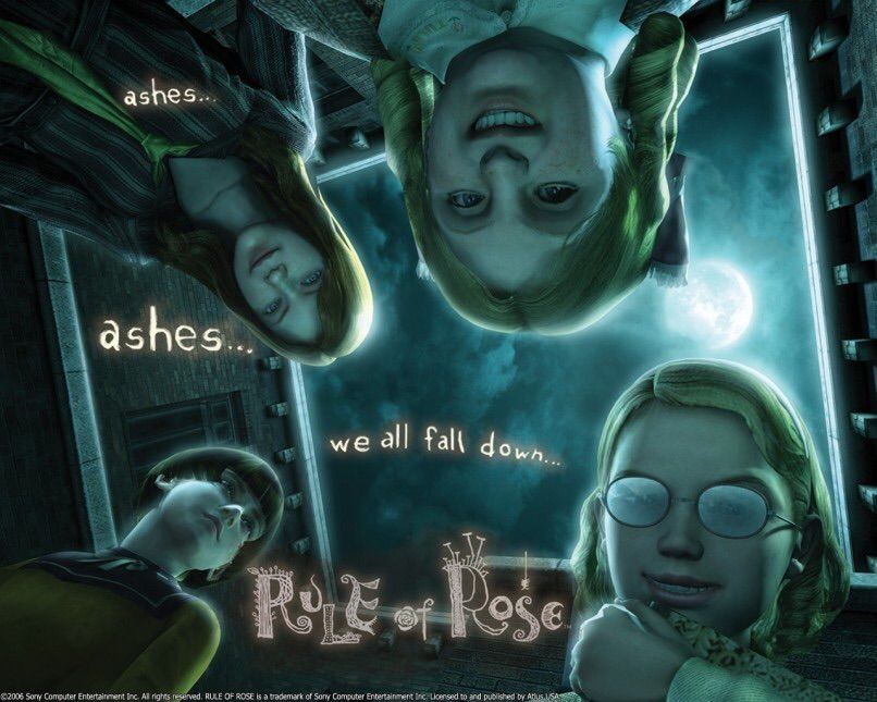 Promo for Rule of Rose. The camera view faces up towards a moonlit night sky. Four young girls, Amanda, Diana, Eleanor, and Meg, all look down at the view with evil smiles on their faces.
