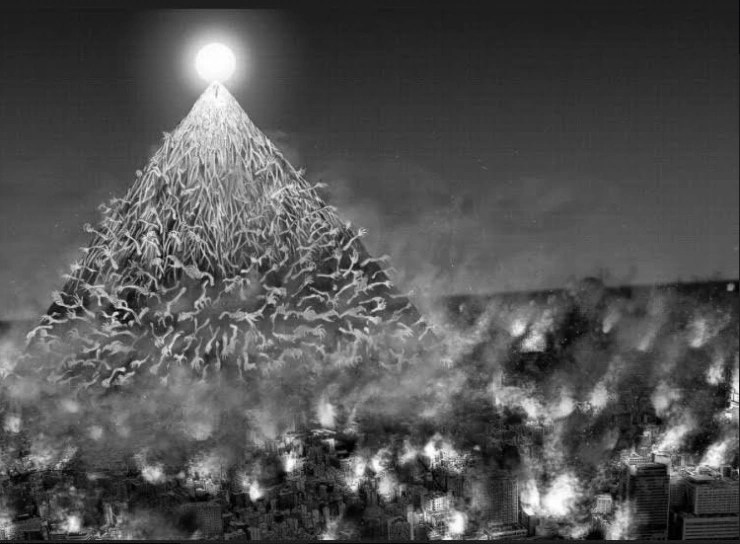 Scene from Magical Girl Site. A mountain of arms overlooks a burning city. At the top of the mountain is a bright glowing light.