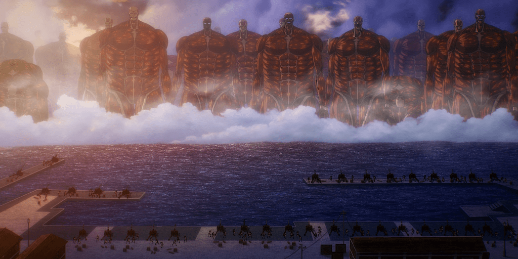 Scene from Attack on Titan. Millions of Titans, all looking like skinned humans, walk through the ocean towards a harbor lined with soldiers and weapons.