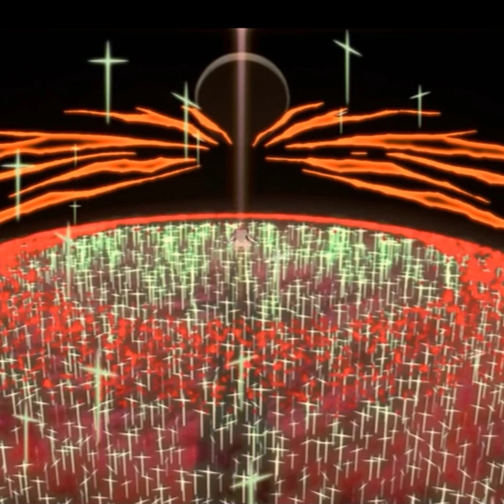 A scene from Evangelion depicting the Third Impact. The Earth is shown from space, with a red surface, covered with millions of glowing crosses