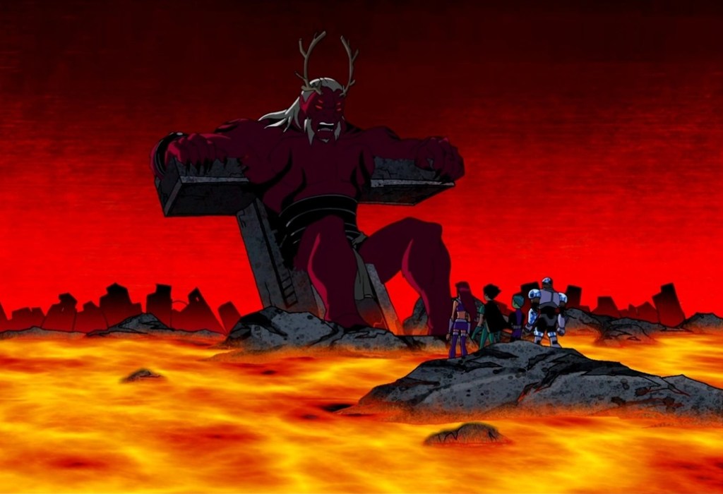 Scene from Teen Titans. Trigon, a red-skinned, four-eyed demon sits on a throne made from the ruins of the Titan Tower, before the surviving Teen Titans. The surrounding area is covered in lava and crumbled buildings.
