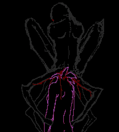 GIF of Tiffany from Faith: the Unholy Trinity. She stands with her back to the camera, completely naked. Her head has exploded in a mess of blood, and a large, red-eyed spider-legged demon is perched on her shoulders, attached to the base of her neck.