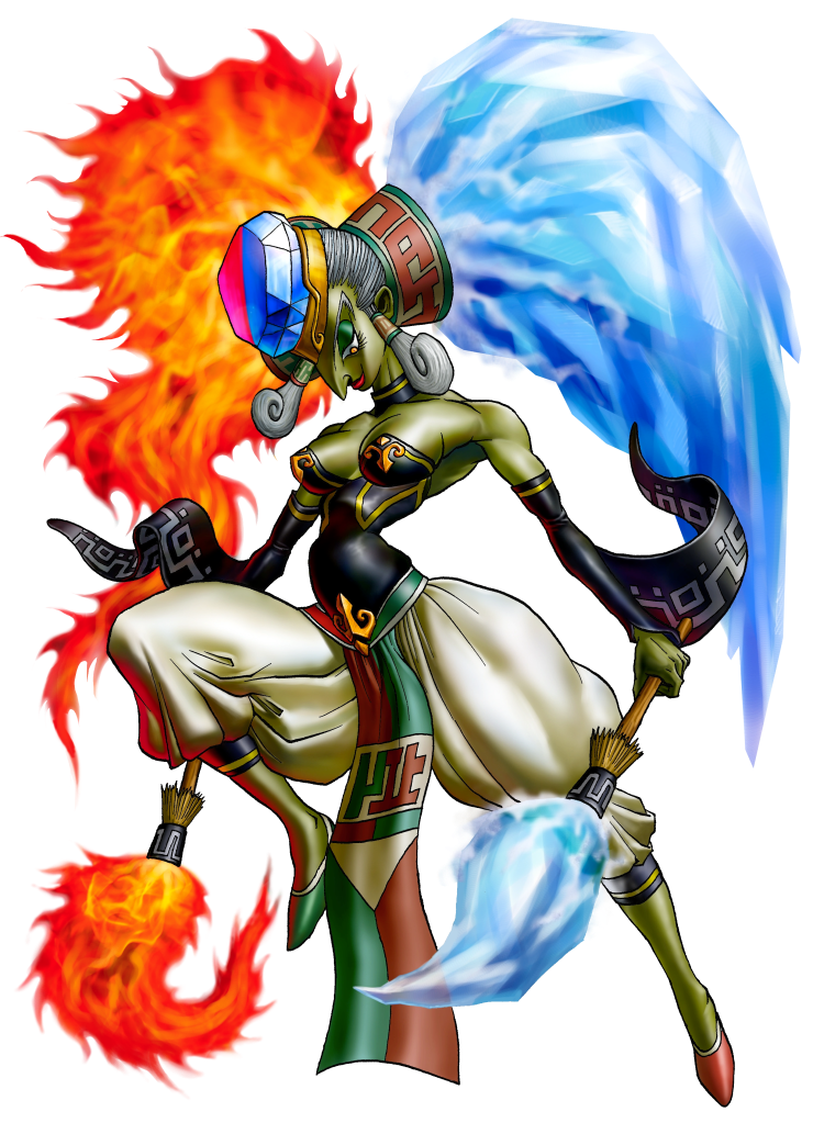 A detailed illustration of Twinrova from Ocarina of Time, featuring her with fire and ice elements. She has a striking headdress and intricate clothing patterns, with a flaming broom-wand in one hand and ice-covered broom-wand in the other.