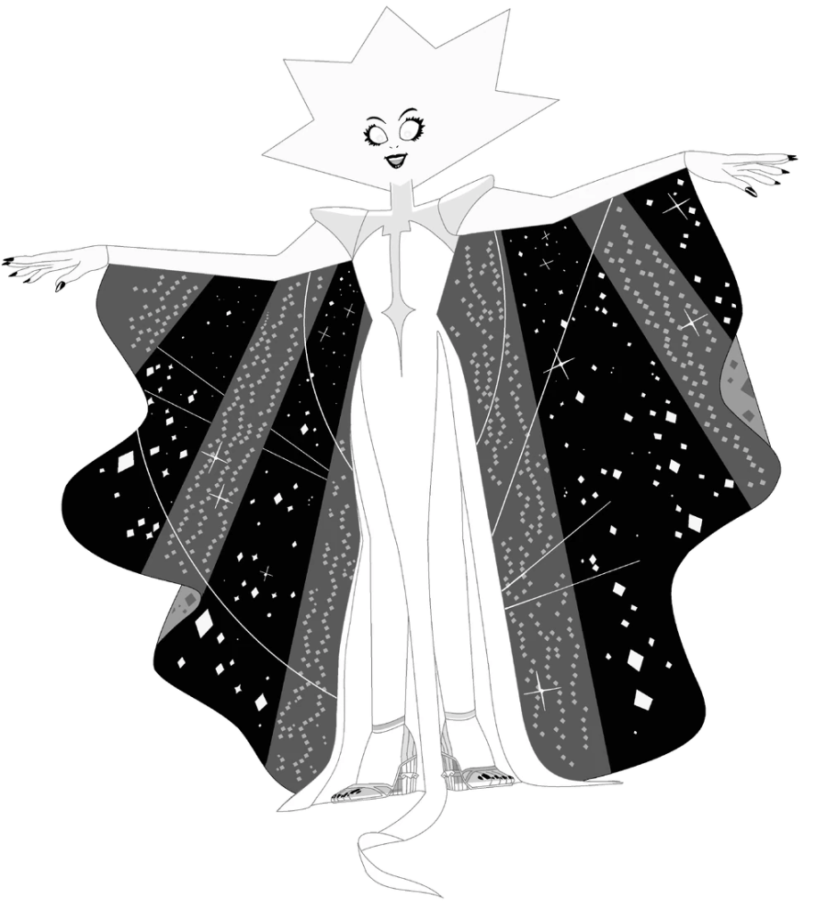 Artwork of White Diamond from Steven Universe. She has a star-shaped head, wears a long white gown and an elaborate, sparkly cape decorated with stars and cosmic patterns.