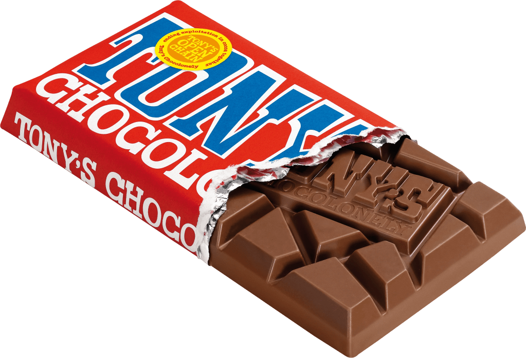 A partially unwrapped Tony's Chocolonely chocolate bar, showcasing its distinctive packaging and logo.