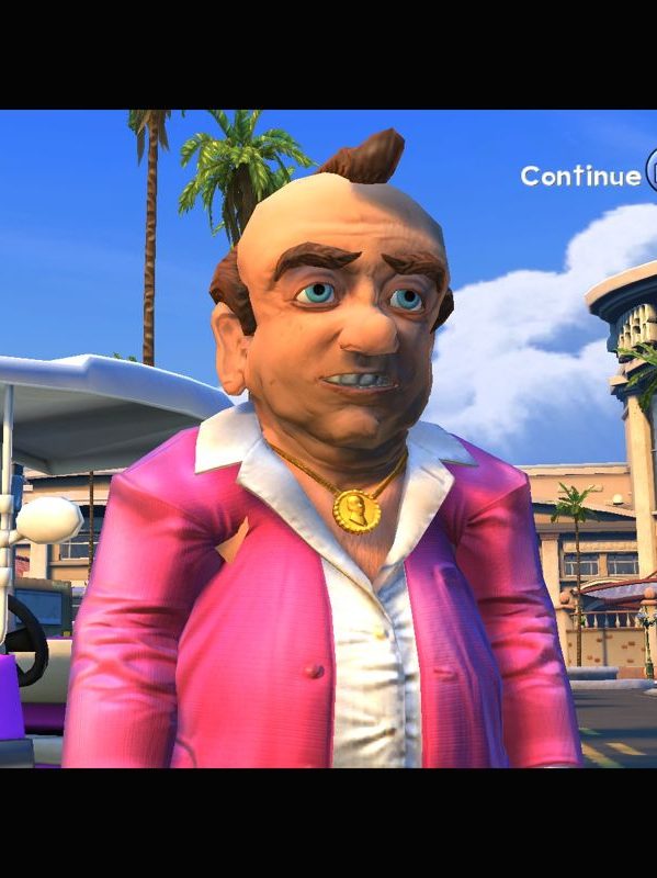Screenshot of Box Office Bust showing a Larry Laffer, wearing a pink leisure suit and a gold medallion necklace. He has sunken eyes and stained teeth.