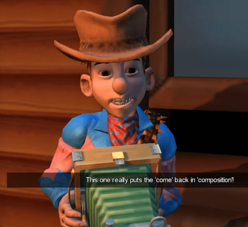 Screenshot from Box Office Bust. Larry Lovage in a cowboy hat holding a vintage camera. He says "This one really puts the 'come' back in 'composition'!"