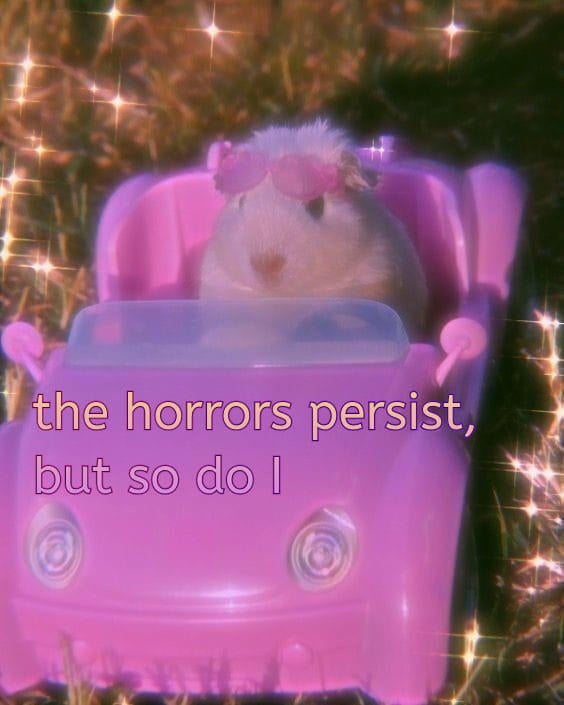 A guinea pig wearing sunglasses sits in a pink toy car, surrounded by sparkles, with the text 'the horrors persist, but so do I' overlayed.