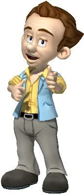 Render of Larry Lovage from Magna Cum Laude. He is a cartoony man with brown hair, wearing a blue vest over a long sleeved yellow collared shirt with grey pants and shoes. He smiles and double finger-guns toward the camera.