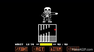 GIF from Undertale. Sans the Skeleton attacks the player's soul with bones and skulls firing lasers.