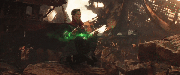 GIF from Avengers:: Infinity War. Dr. Strange sits crosslegged and hovers. His head darts around as he looks in random directions.