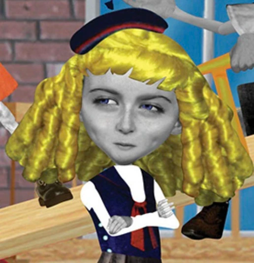Screenshot from Angela Anaconda: Nanette Manoir, a young White girl with blonde curly hair, wearing a blue and white outfit, blue beret, and a red scarf.