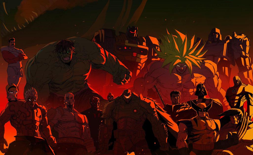 Godzilla, Thragg (Invincible), The Hulk, Grimlock (Transformers), Broly (DBZ), Megatron (Transformers), Mandy (Billy and Mandy), Asura (Asura's Wrath), Kratos (God of War), Darth Maul (Star Wars), Red (Angry Birds), Doom Guy (Doom), Guts (Berserk), Darth Vader (Star Wars), Wolverine (X-Men), Spear (Primal) and Atrocitus (Green Lantern) all stand in a group in a fiery location.